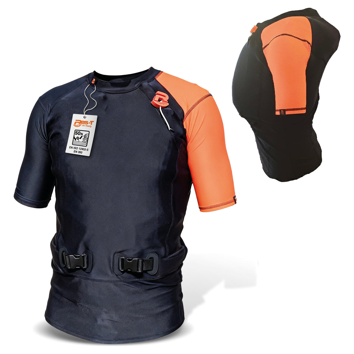 Res-T Schwimmweste orange: Shirt ungefüllt vorne, aufgeblasen mit Nackenstütze dahinter, auf weissem Hintergrund