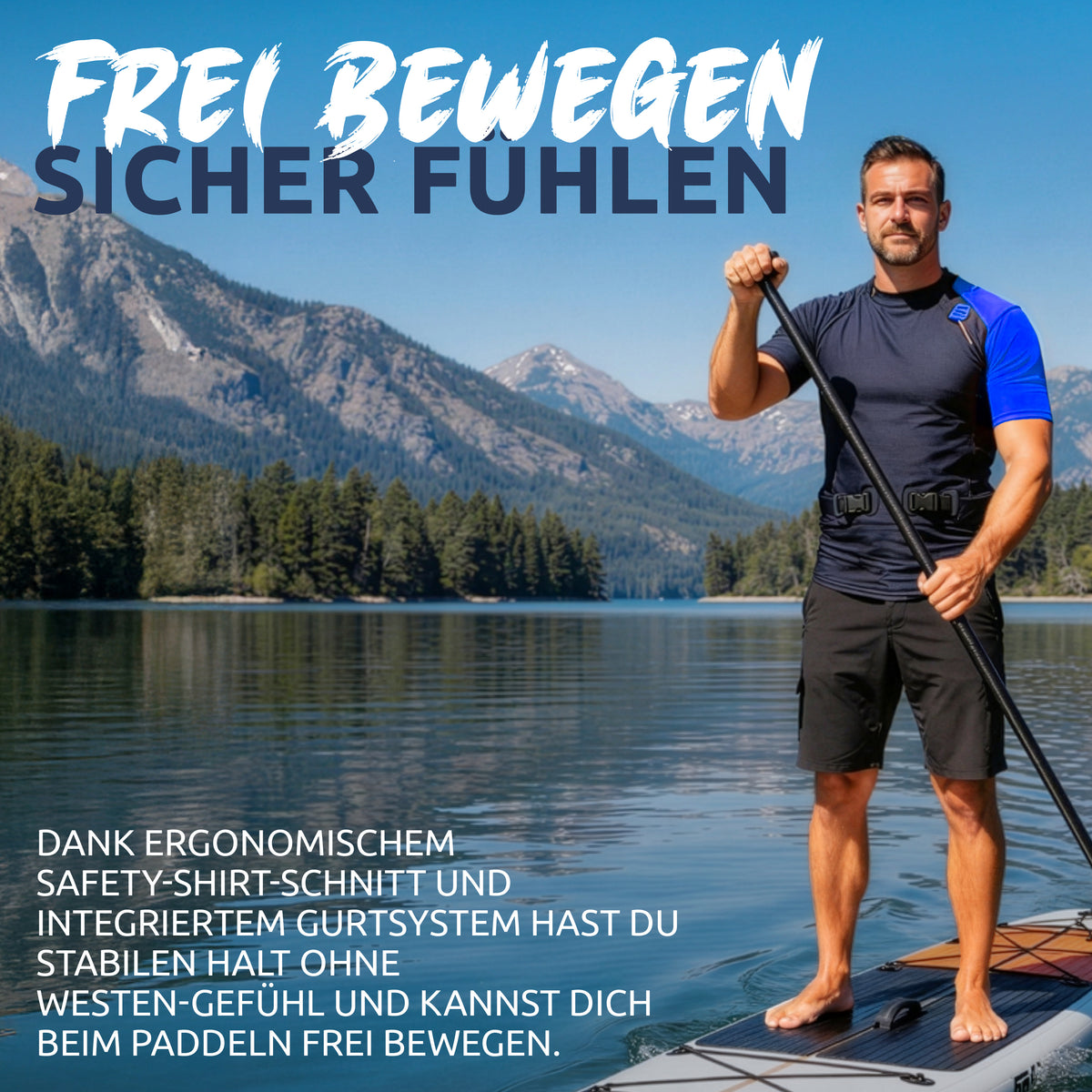Mann mit Res-T Schwimmweste blau beim Stand-up-Paddling auf einem Schweizer See