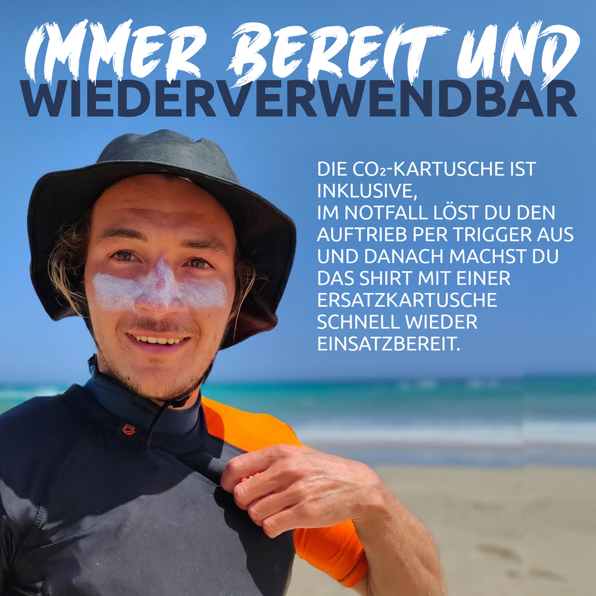 Res-T orange: CO2-Kartusche im Lieferumfang, nach dem Einsatz mit Ersatzkartusche wieder einsatzbereit