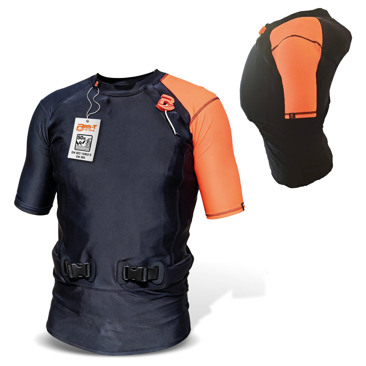 Res-T Schwimmweste orange: Shirt ungefüllt vorne, aufgeblasen mit Nackenstütze dahinter, auf weissem Hintergrund