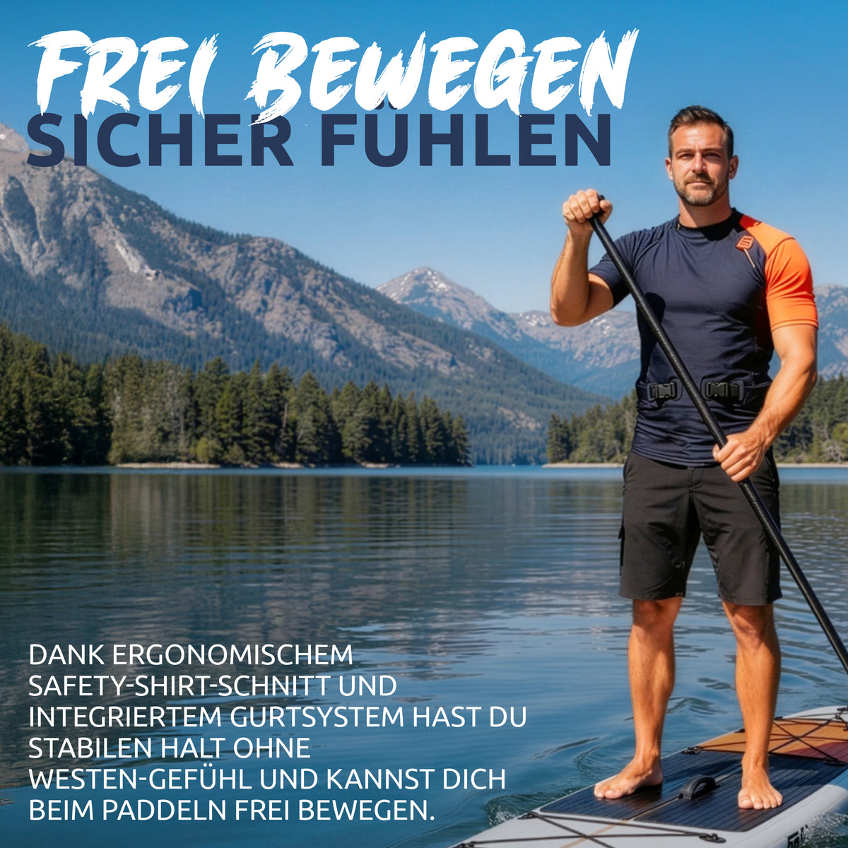 Mann mit Res-T Schwimmweste orange beim Stand-up-Paddling auf einem Schweizer See