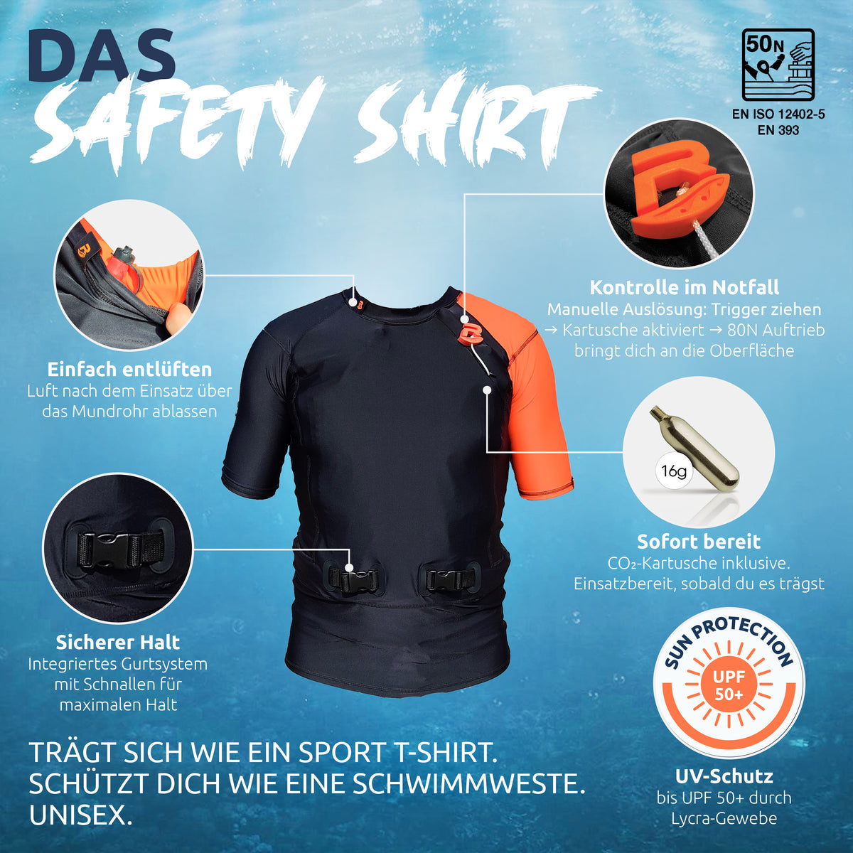 Res-T Safety Shirt: manuelle Auslösung am Brustlogo, CO2-Kartusche 16 g, integriertes Gurtsystem, UPF 50+, 50 N nach EN ISO 12402-5
