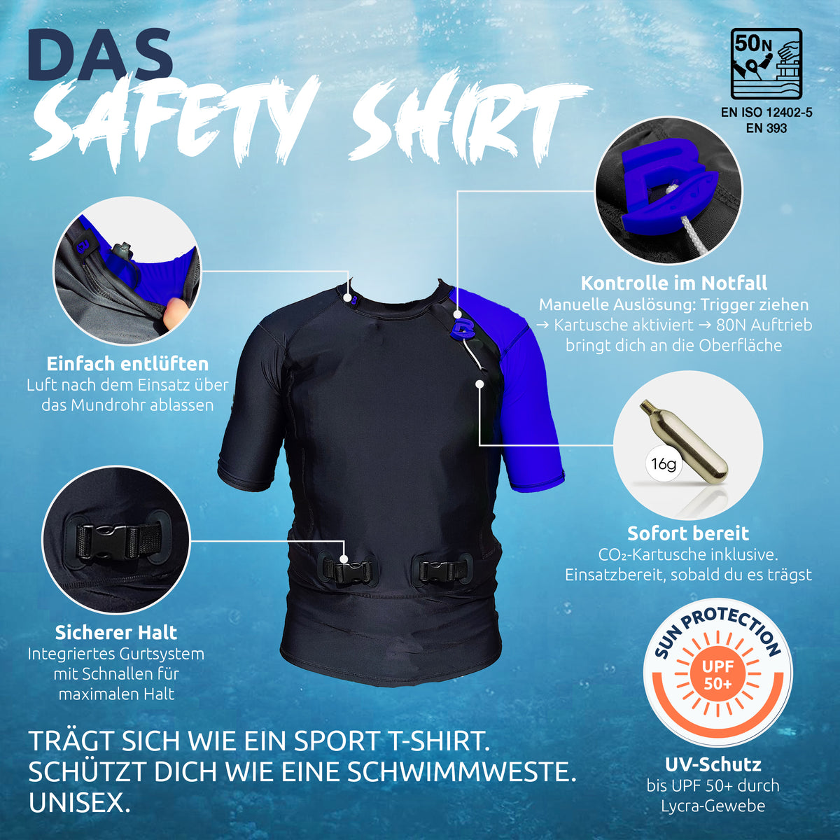Res-T Safety Shirt: manuelle Auslösung am Brustlogo, CO2-Kartusche 16 g, integriertes Gurtsystem, UPF 50+, 50 N nach EN ISO 12402-5
