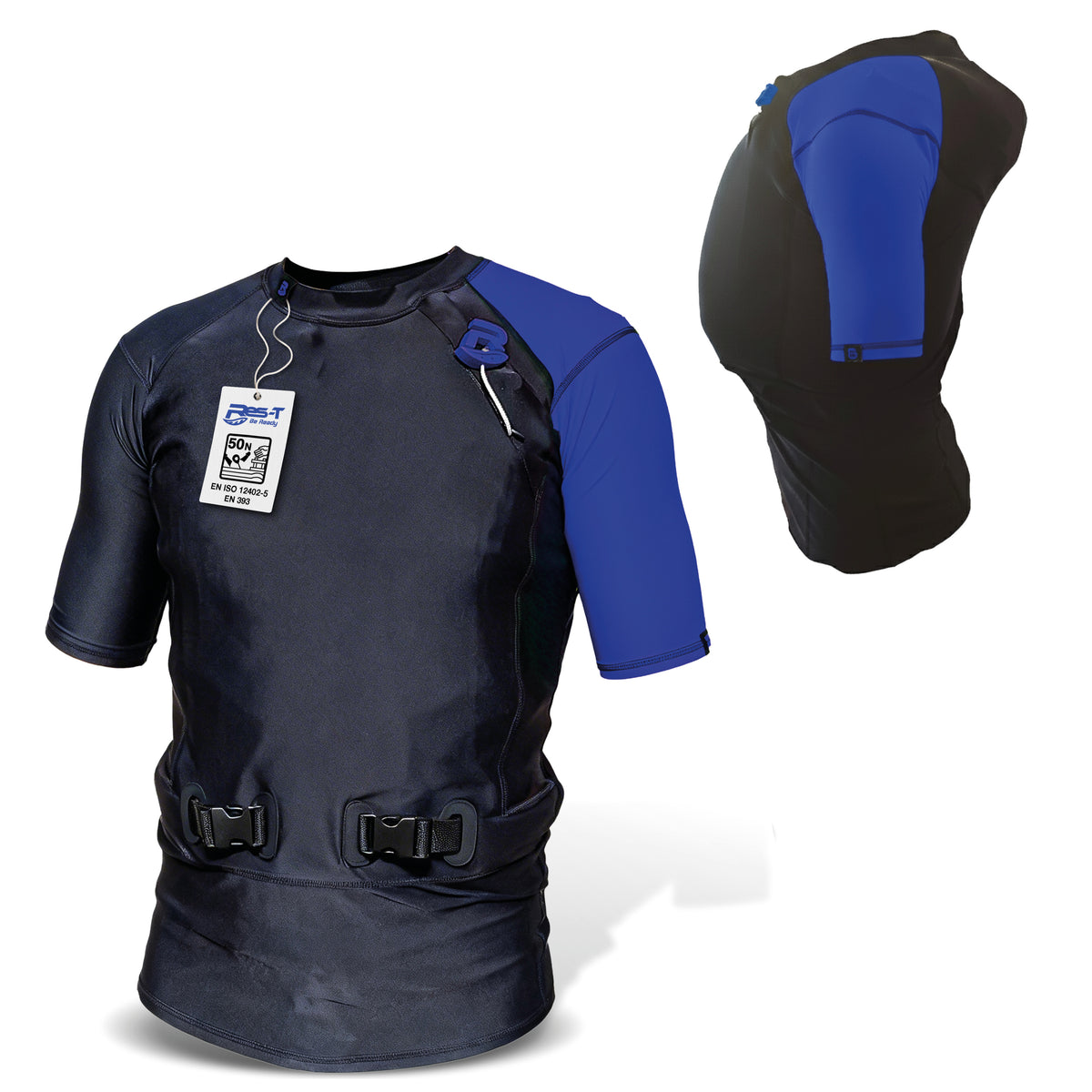 Res-T Schwimmweste blau: Shirt ungefüllt vorne, aufgeblasen mit Nackenstütze dahinter, auf weissem Hintergrund