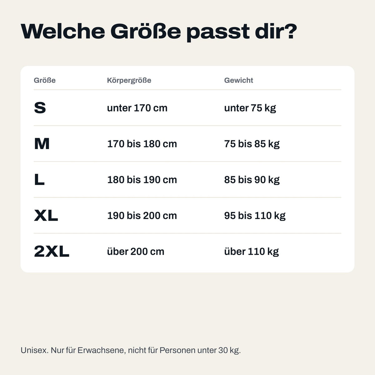Größentabelle S bis 2XL